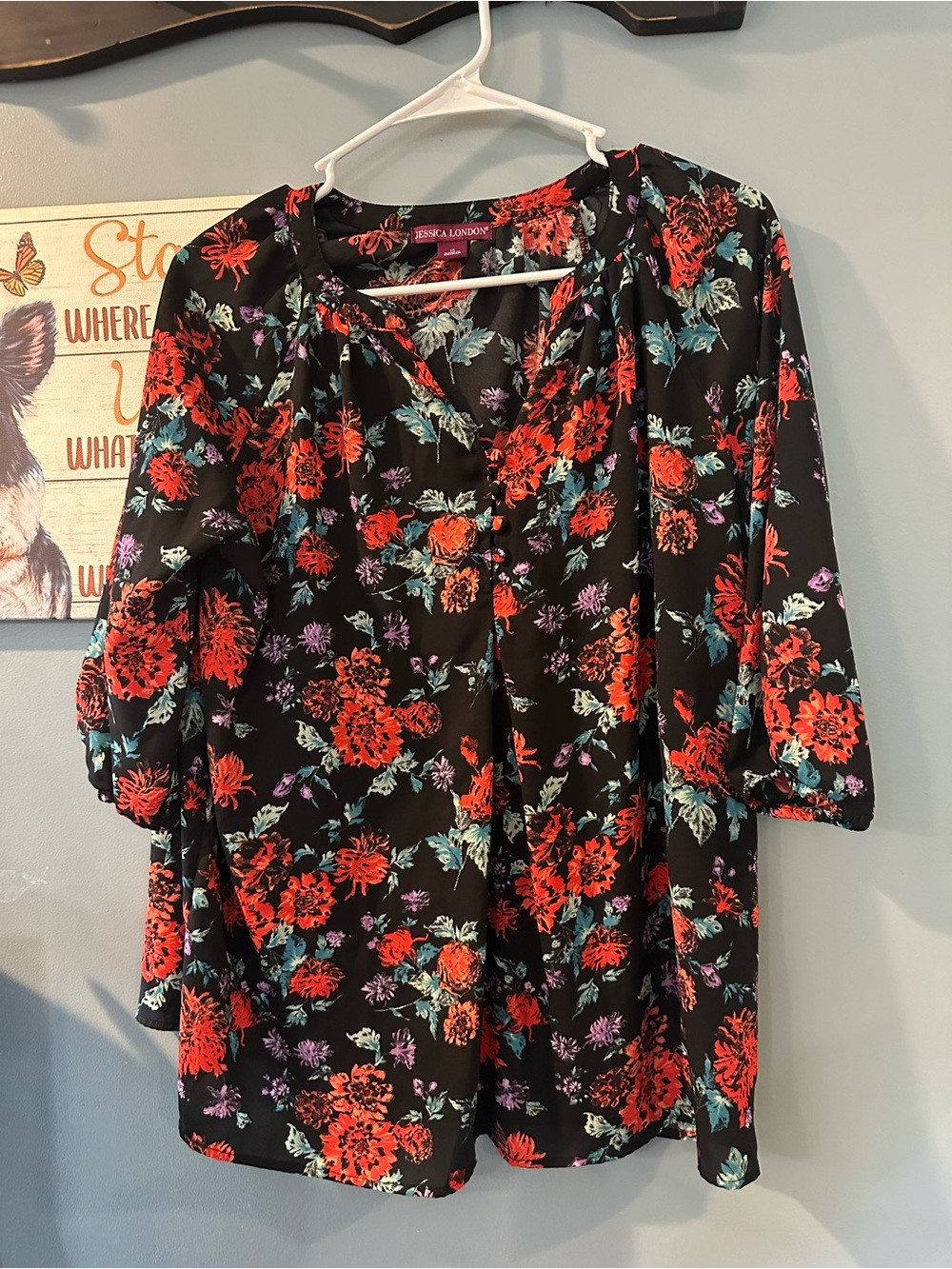 Jessica London Black Tunic with Red Floral Print